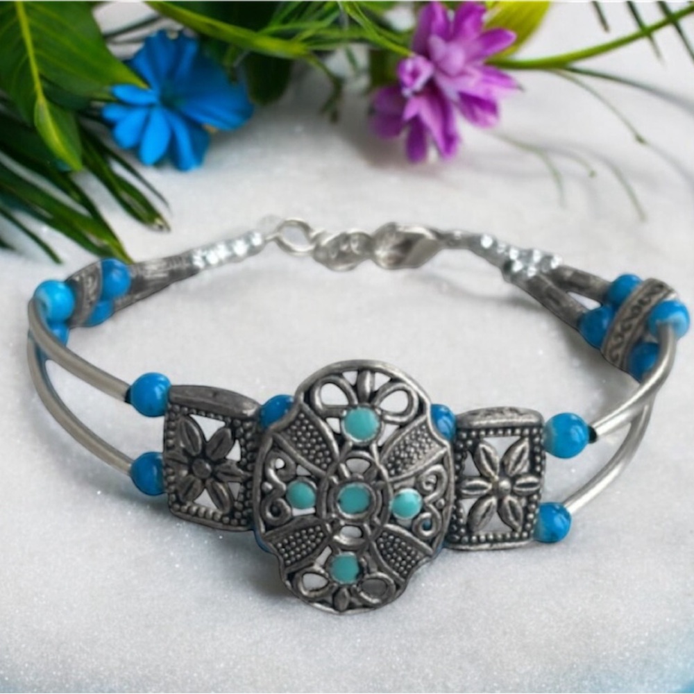 Vintage Silver Cuff Bracelet Handmade Hand Crafted Jewelry Blue Green Turquoise - Picture 4 of 16